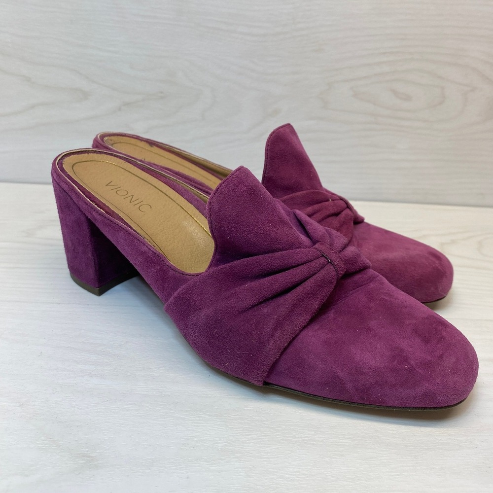Vionic Womens 9 Presley Mules Block Heel Knotted Suede Purple Orthotic Comfort